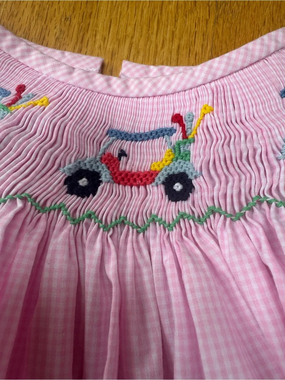 Stitchy Fish- Gingham Pink Golf Bubble Romper 12-18 mo